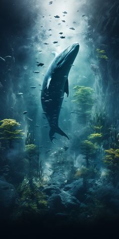 A whale swimming through a dark underwater forest lit by shafts of light and small fish.
