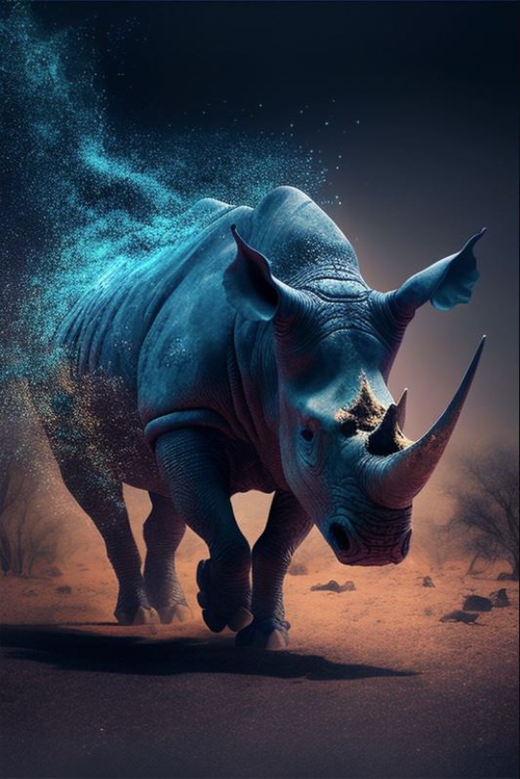 A rhinoceros charging through blue smoke on a dark background.