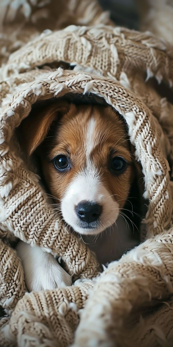 A beagle puppy wrapped up in a chunky knit blanket.