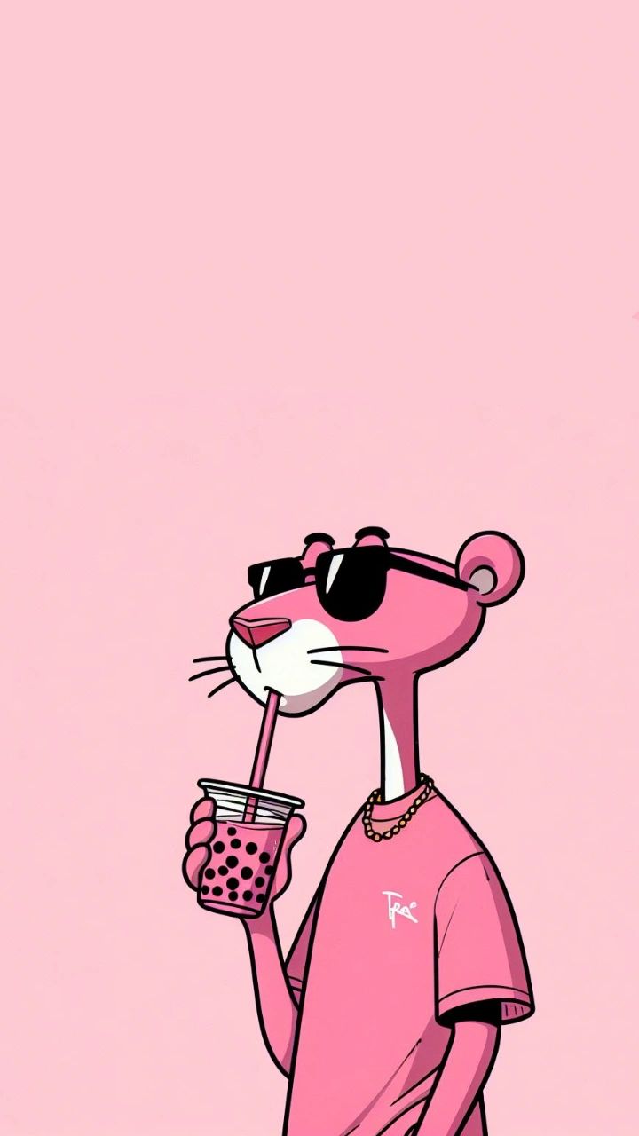 The Pink Panther in sunglasses and a pink T-shirt, sipping bubble tea.