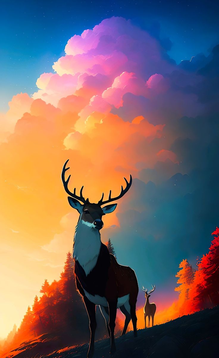 A stag silhouetted on a hilltop against glowing pink and orange clouds.
