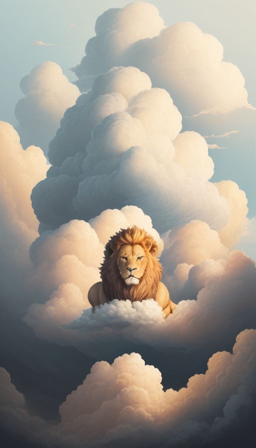 A lion resting inside towering sunlit clouds, as if the clouds had formed around it.