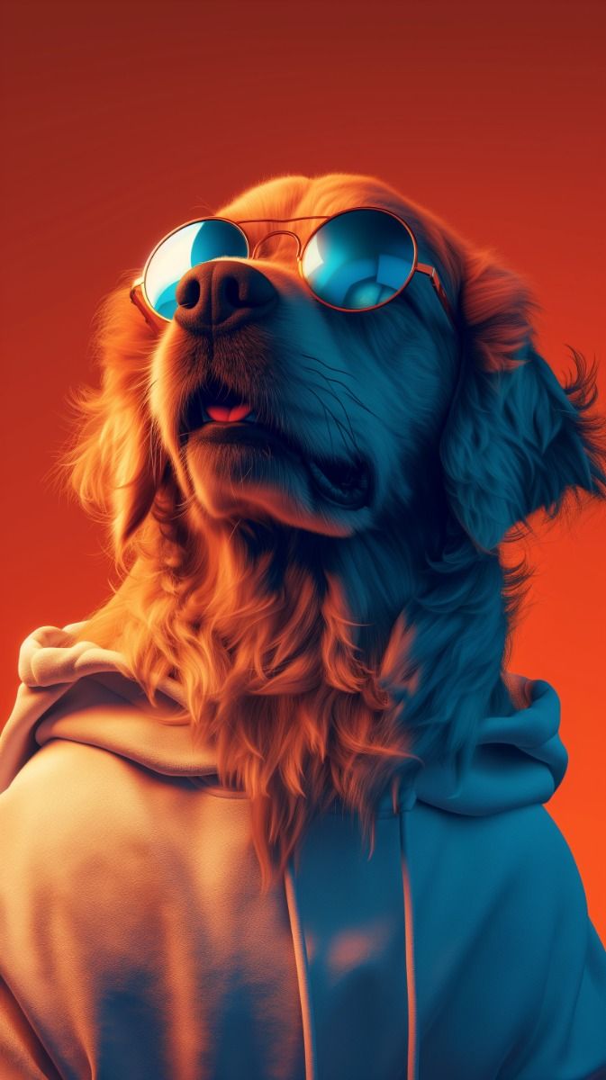 A golden spaniel in round sunglasses and a blue hoodie against a bright orange background.