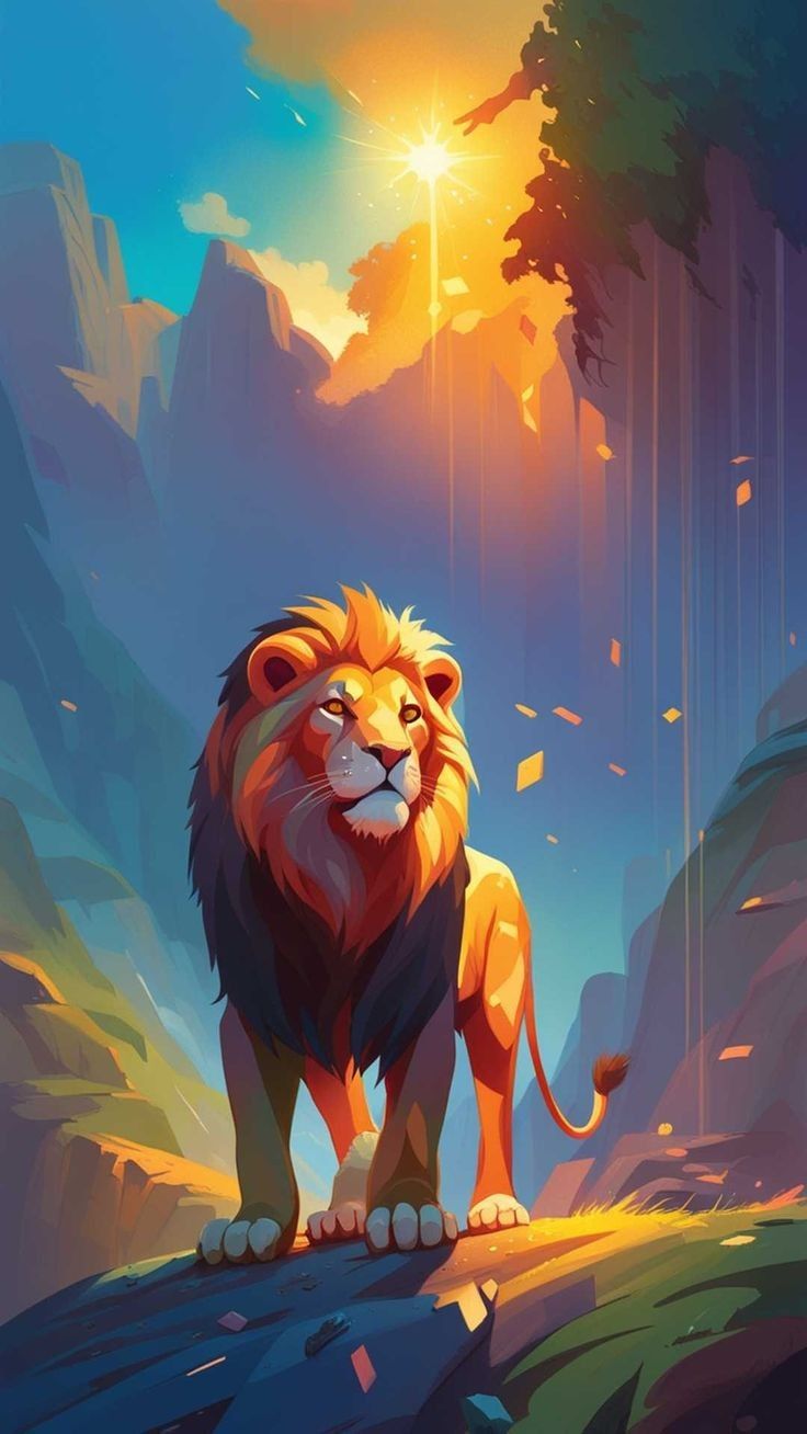 A proud lion standing on a rock in a sunny canyon, in a painted animated style.