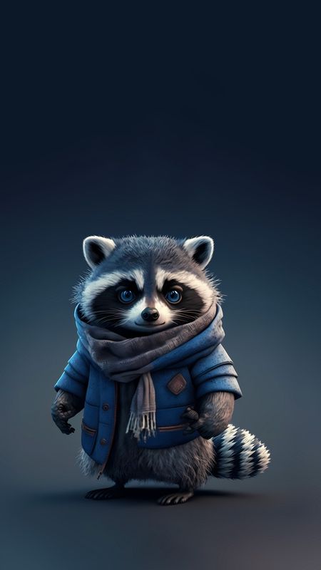 A raccoon in a blue scarf and jacket on a dark background.
