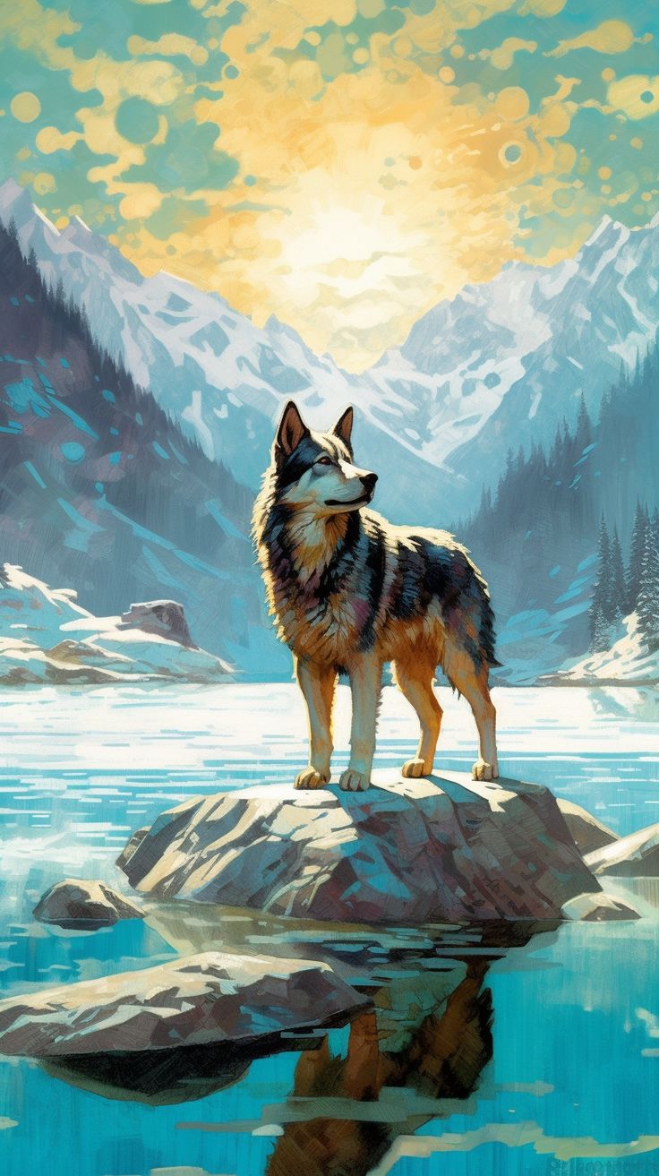 A wolf standing on a rock in an icy lake, with snowy mountains and a golden sun behind it.