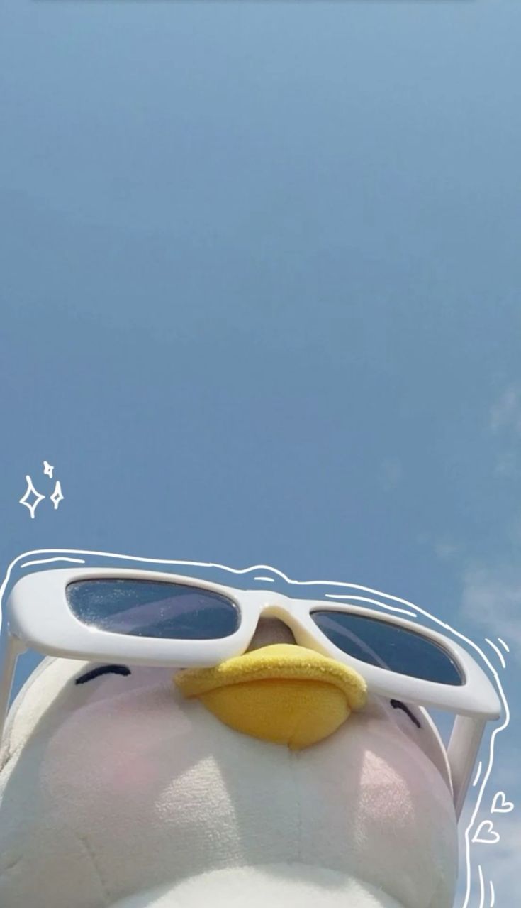 A 3D white duck in white sunglasses peeking up from the bottom on pale blue.