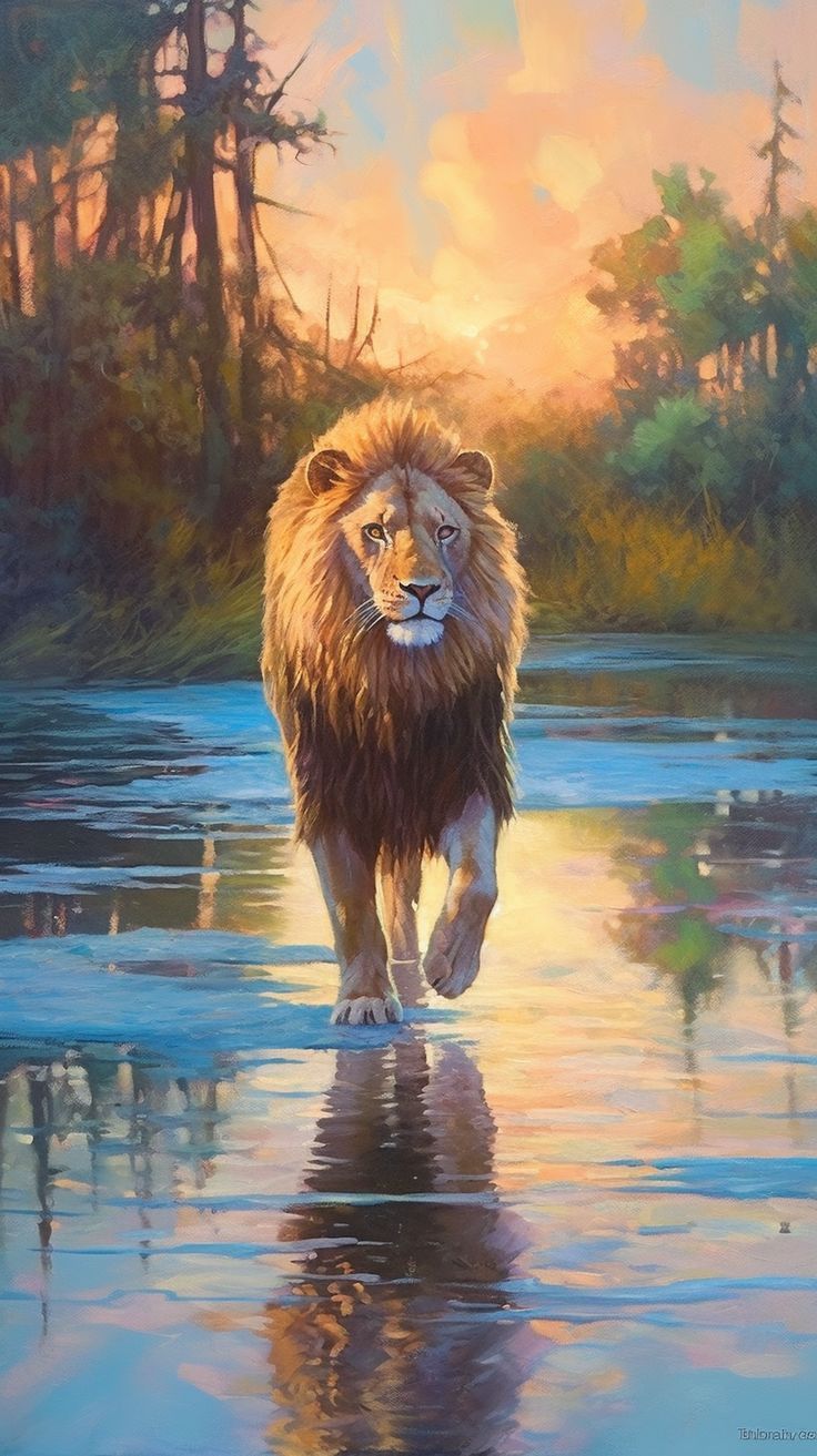A lion walking through shallow water that reflects a golden forest, in a painted style.