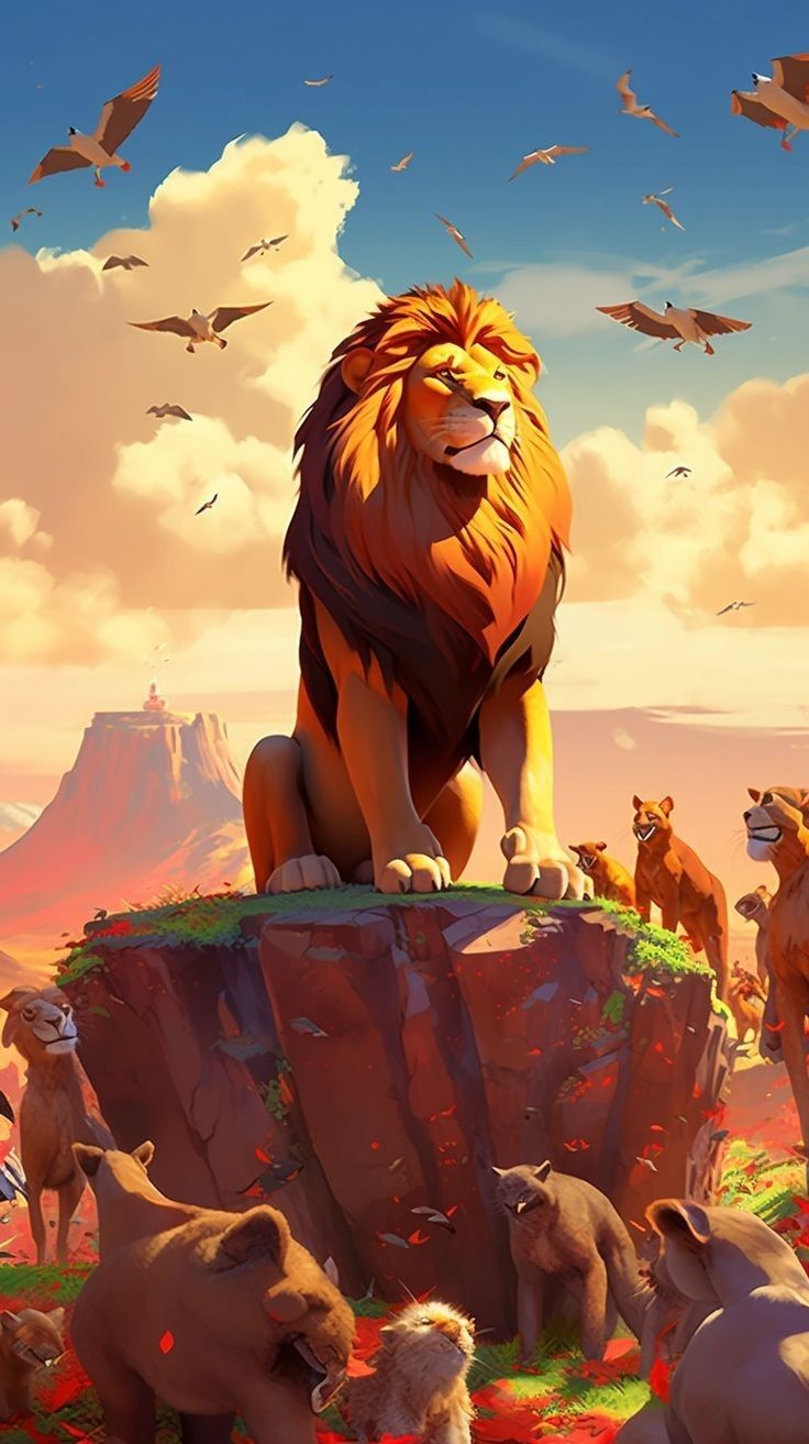A lion standing proudly on a rock surrounded by other animals under a sunny sky, in an animated style.