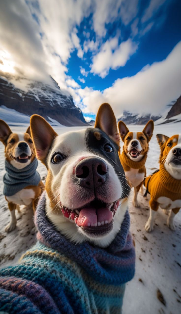 A grinning French bulldog in a knitted scarf taking a selfie with corgis in snowy mountains.
