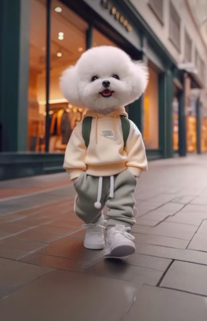 A fluffy white dog walking upright in a hoodie and joggers down a city street.