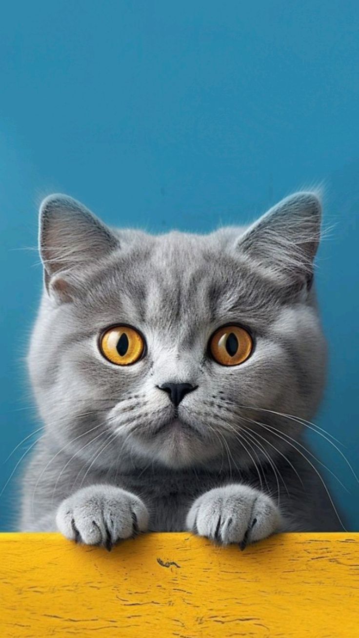 A grey British Shorthair cat with orange eyes peeking over a yellow ledge on blue.