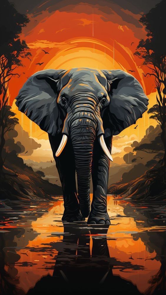 A painted elephant walking toward the viewer against a fiery orange sunset.