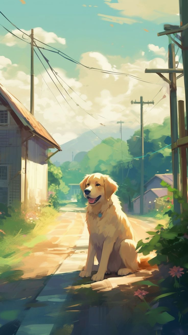 A golden retriever sitting on a sunny village lane between houses and poles, in an anime style.