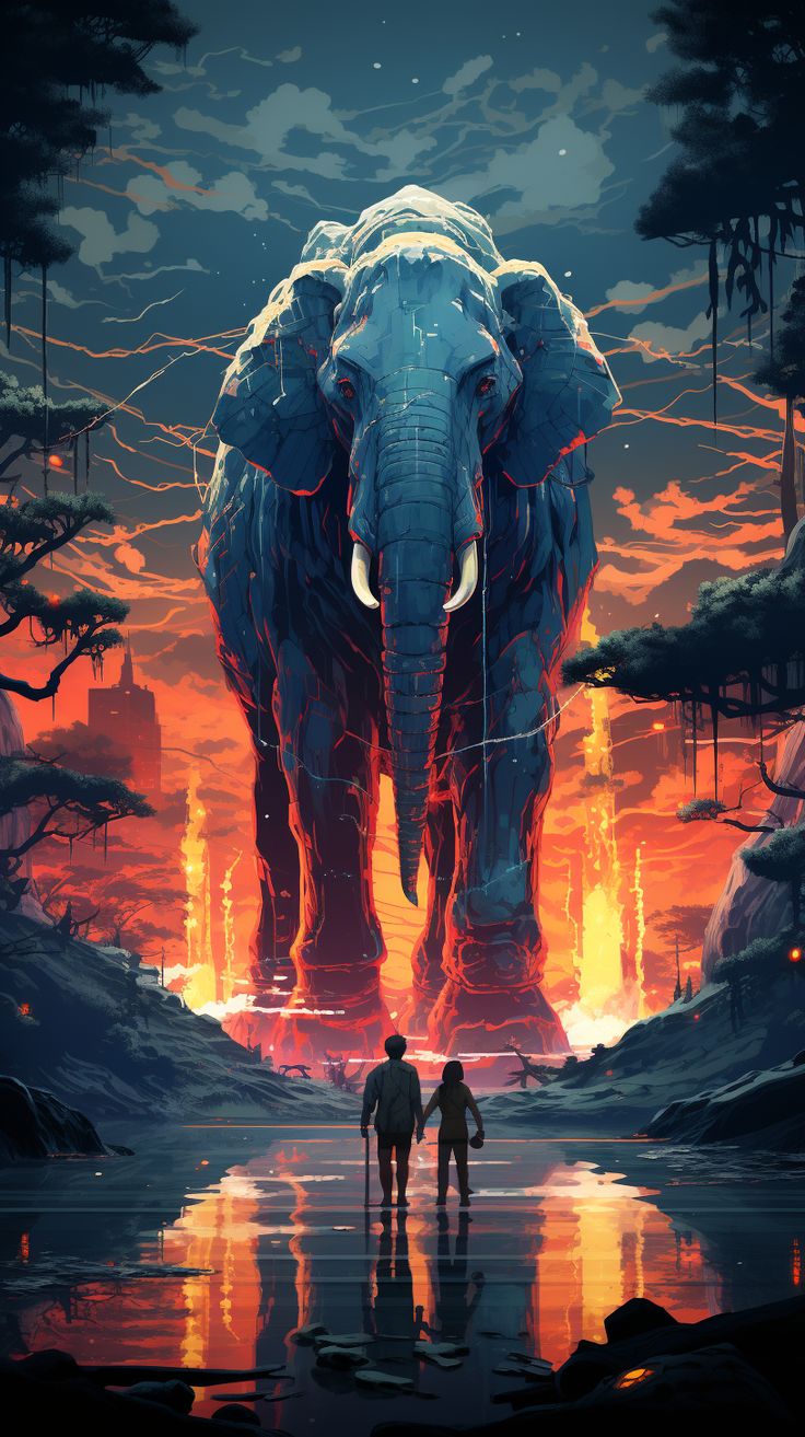 A giant woolly mammoth towering over a couple on a glowing forest path, in a painted style.