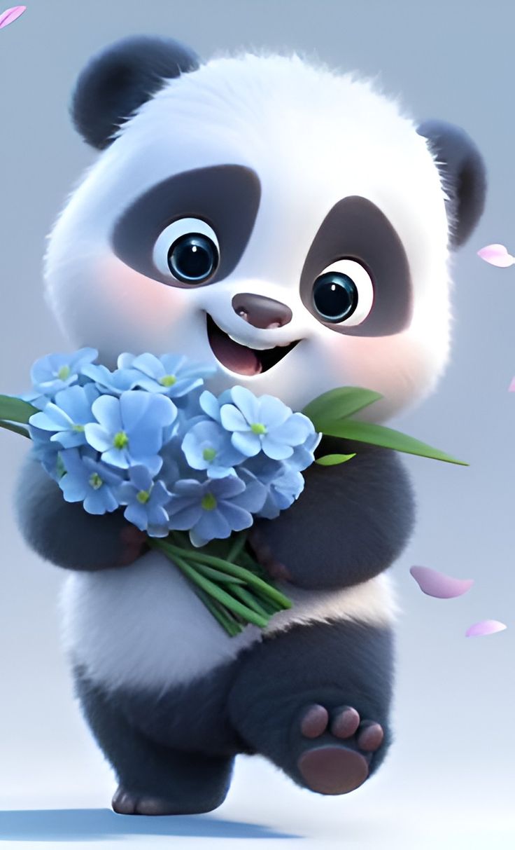A cartoon panda cub mid-step, hugging a bunch of blue hydrangeas against a pale grey backdrop.