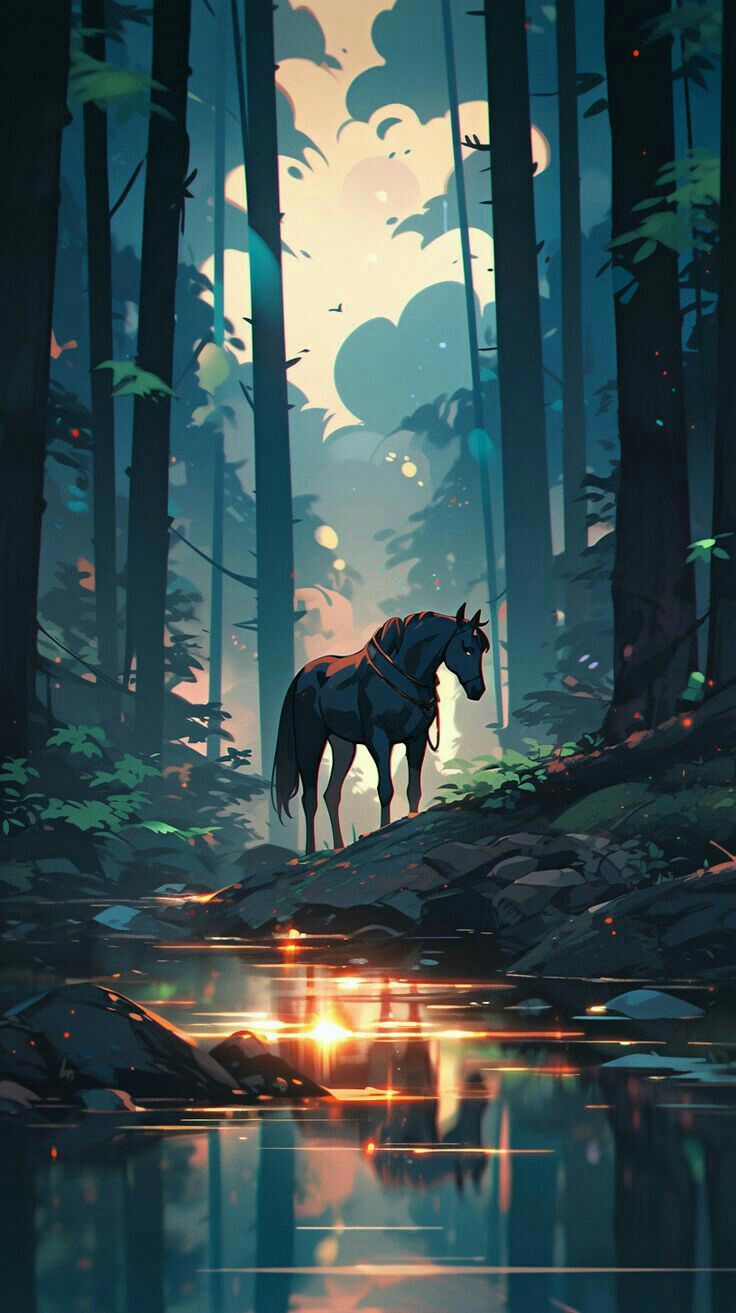 A horse standing in a stream in a tall dark forest lit with golden light, in a painted style.