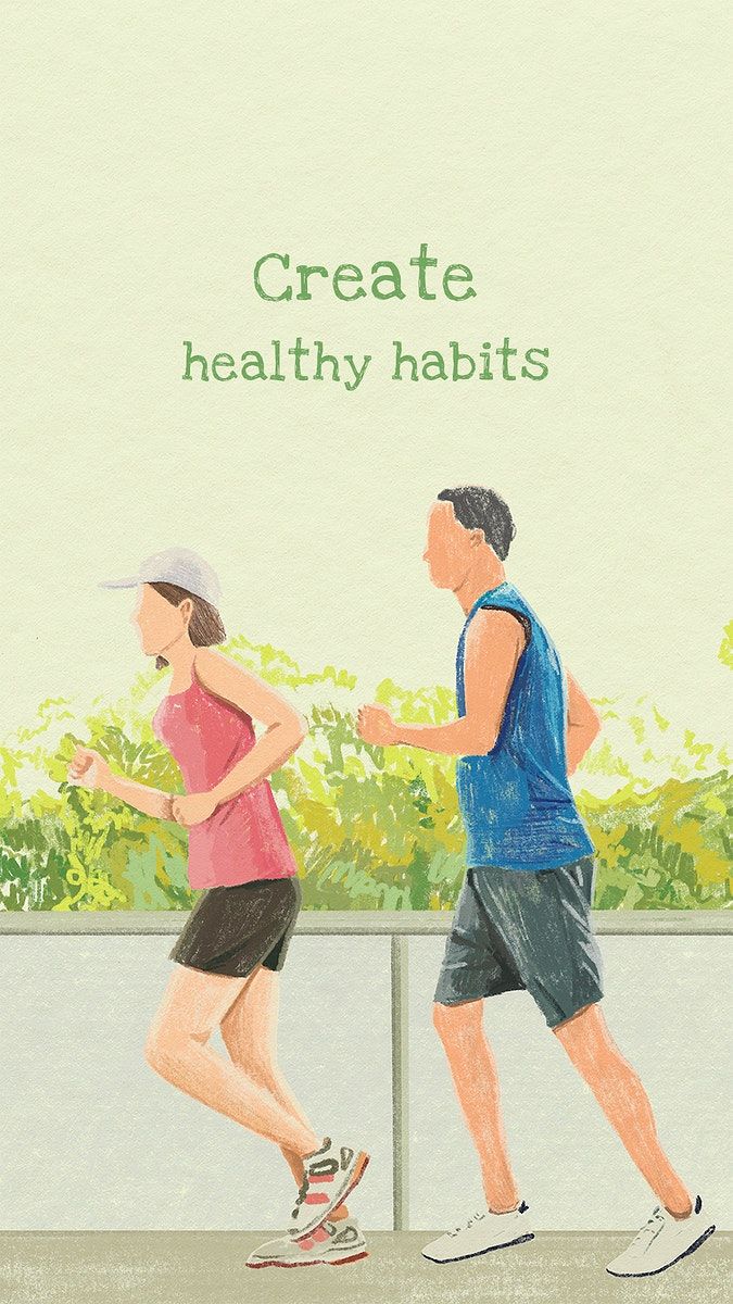 "Create healthy habits" in green above a man and a woman jogging past plants.