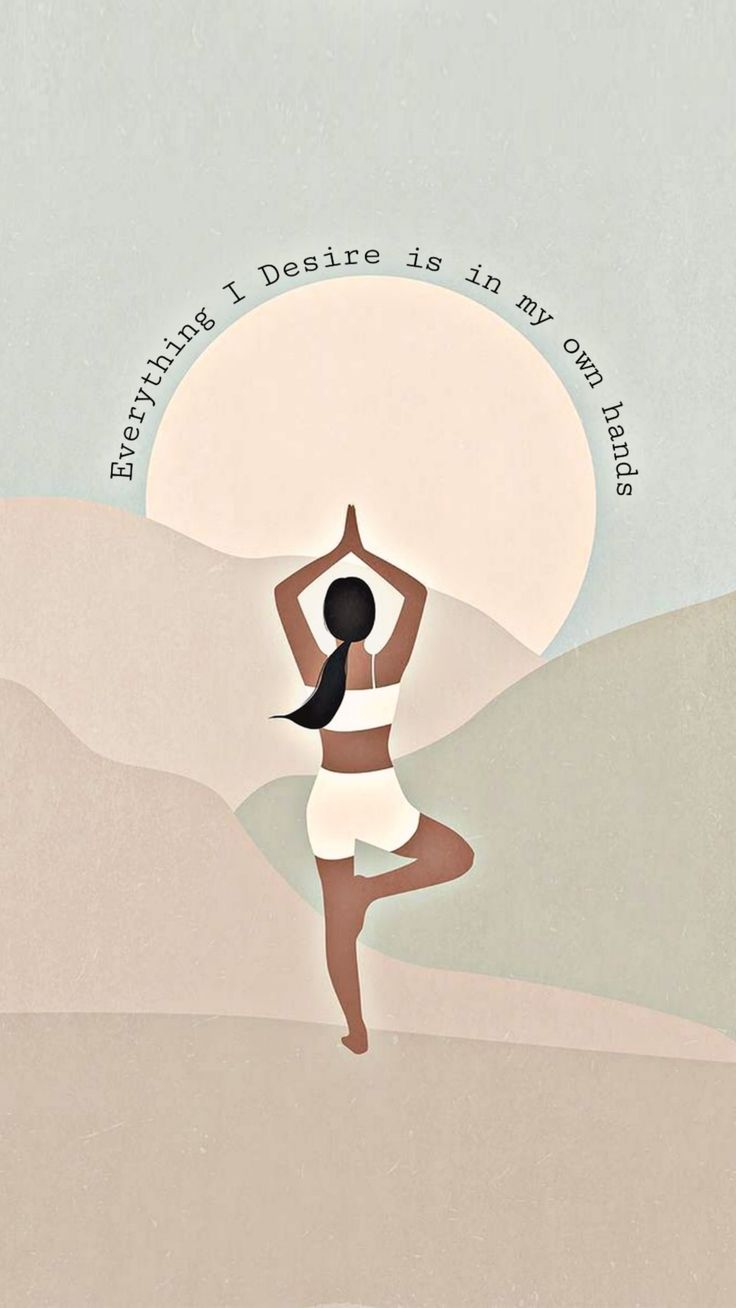 A woman in a yoga tree pose before a pale sun, with curved text about everything being in her own hands.