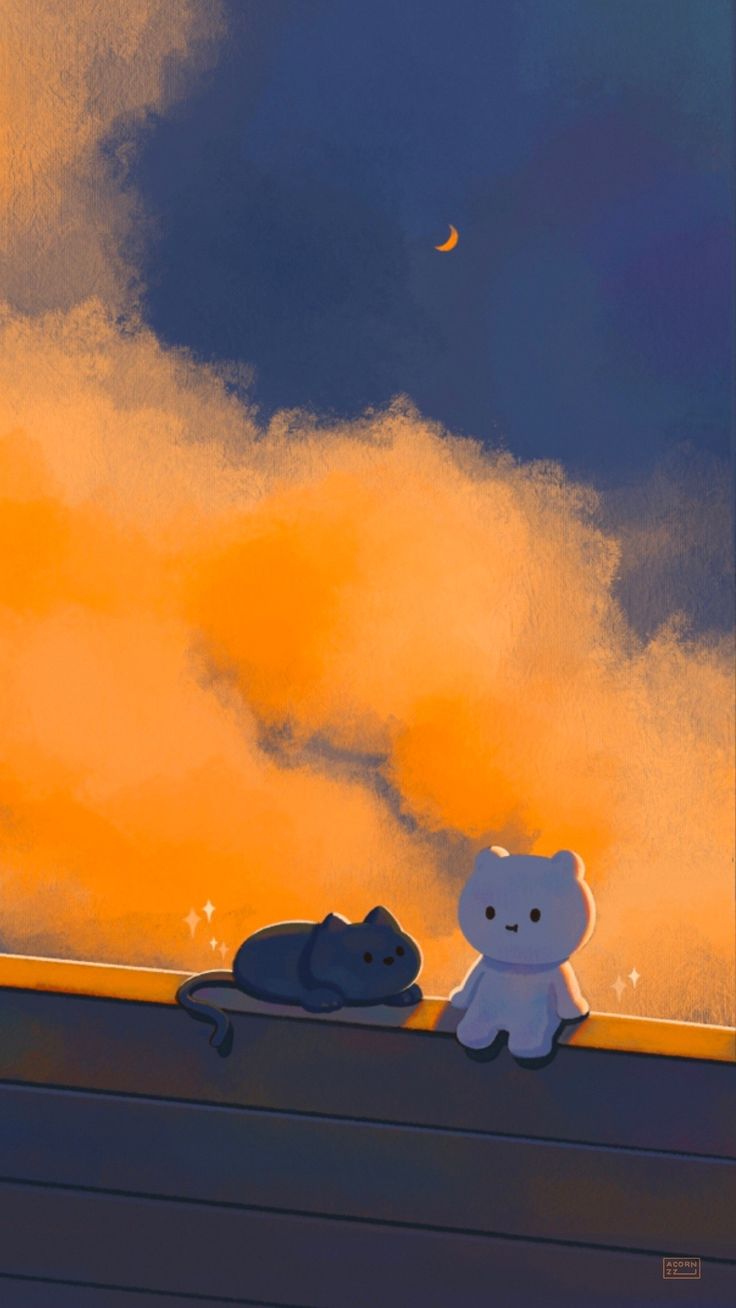 Two cartoon cats sitting on a wall beneath bright orange clouds in a navy sky.