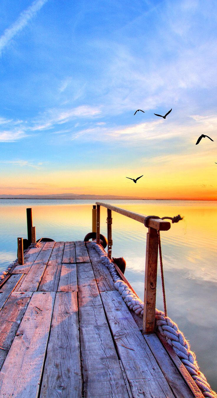 A weathered wooden jetty stretching into calm water at sunset with birds overhead.