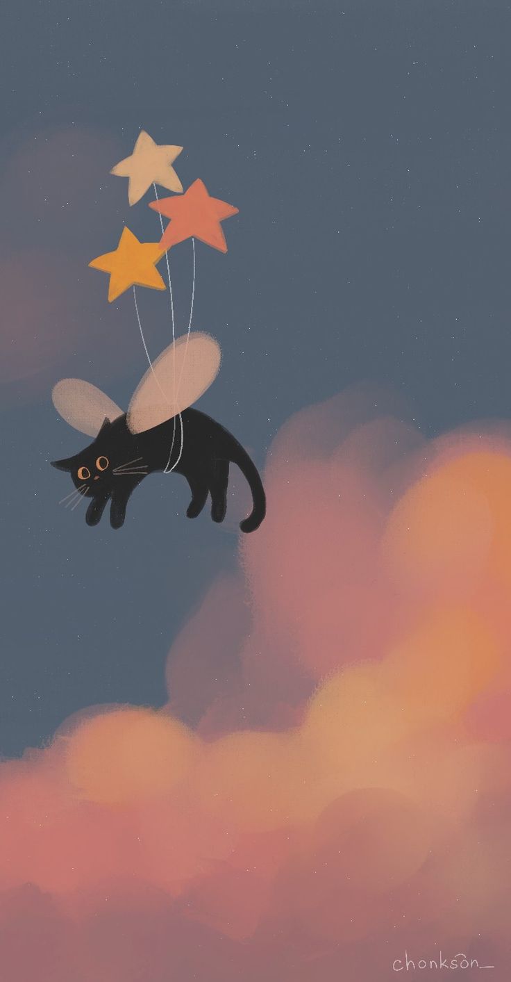 A black cat with small wings flying beneath yellow stars above orange clouds.