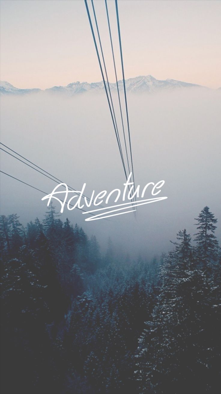 "Adventure" in white script over a misty pine forest crossed by cable car wires.