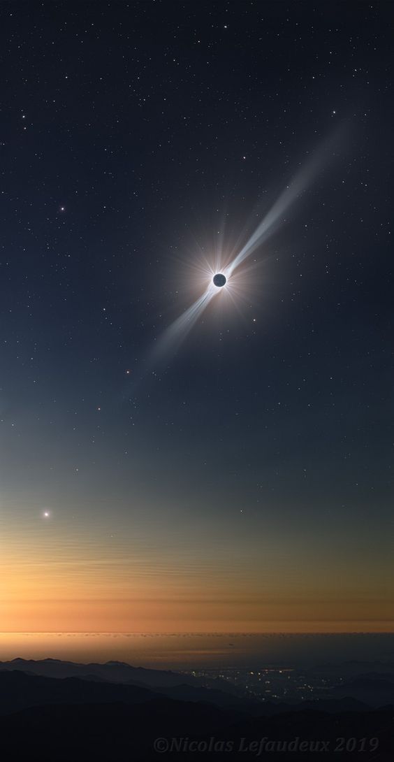 A solar eclipse ring glowing above a dark horizon in a starry sky.