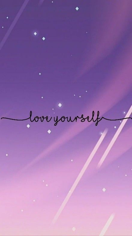 "Love yourself" in a single-line script across a purple sky with light streaks.