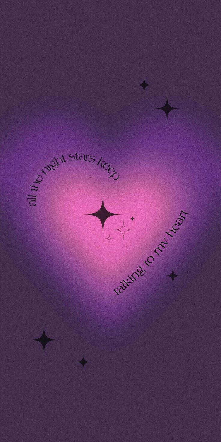 A glowing pink heart with small stars and curved text on a dark purple background.