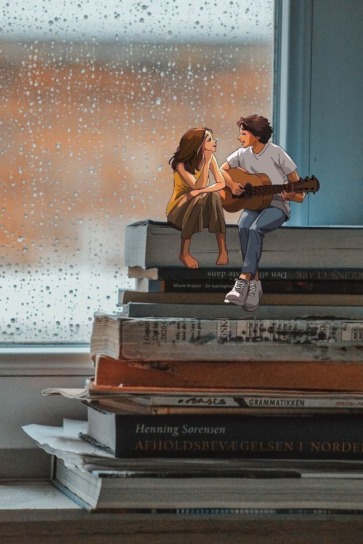 A couple sitting on a stack of books by a rain-streaked window, one of them playing guitar.