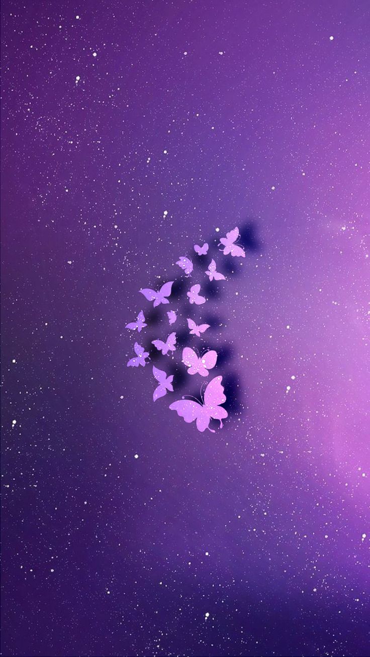 A cluster of glowing purple butterflies against a starry violet night sky.