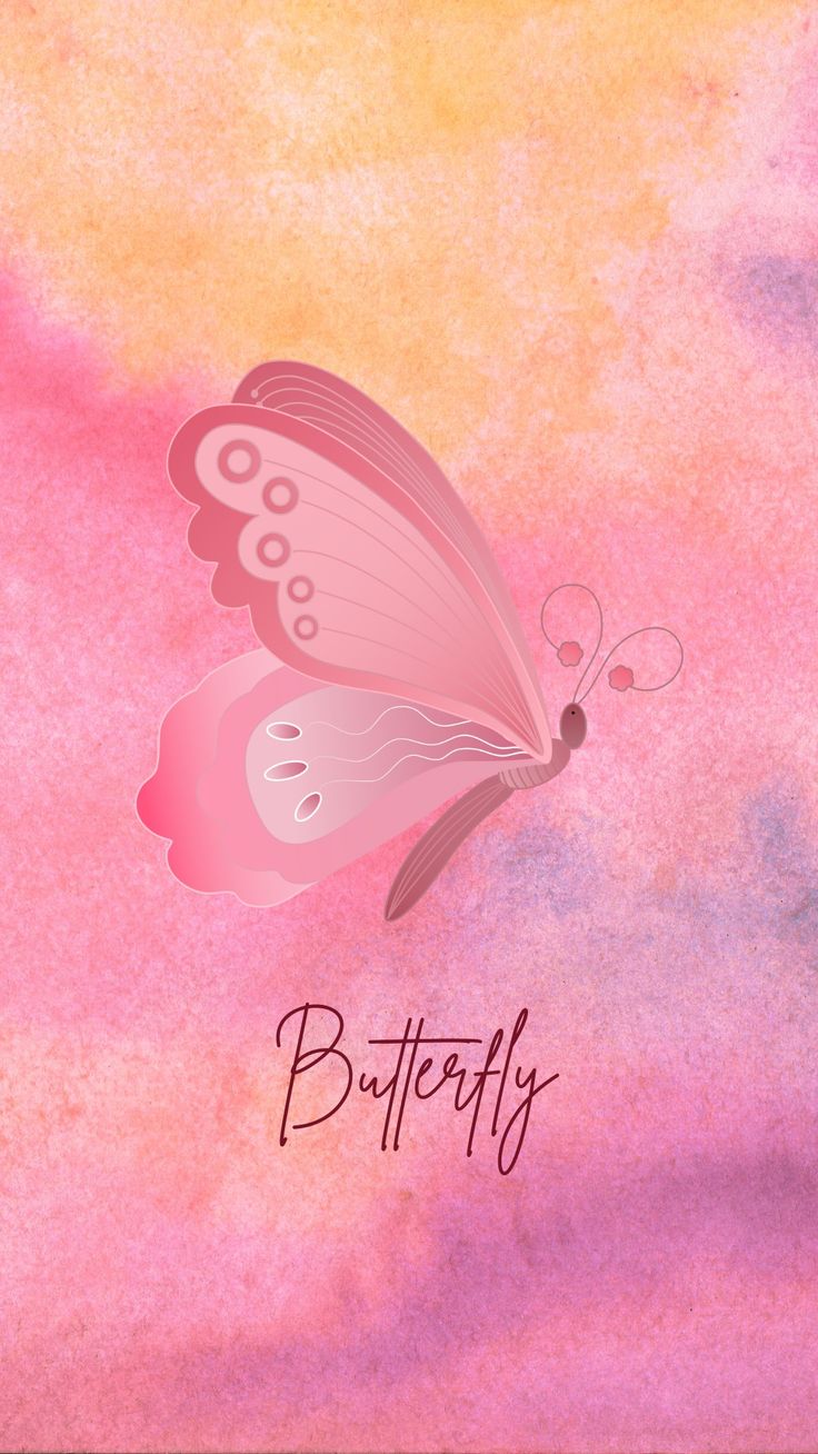 A pink butterfly above the word "Butterfly" in script on pink watercolour.