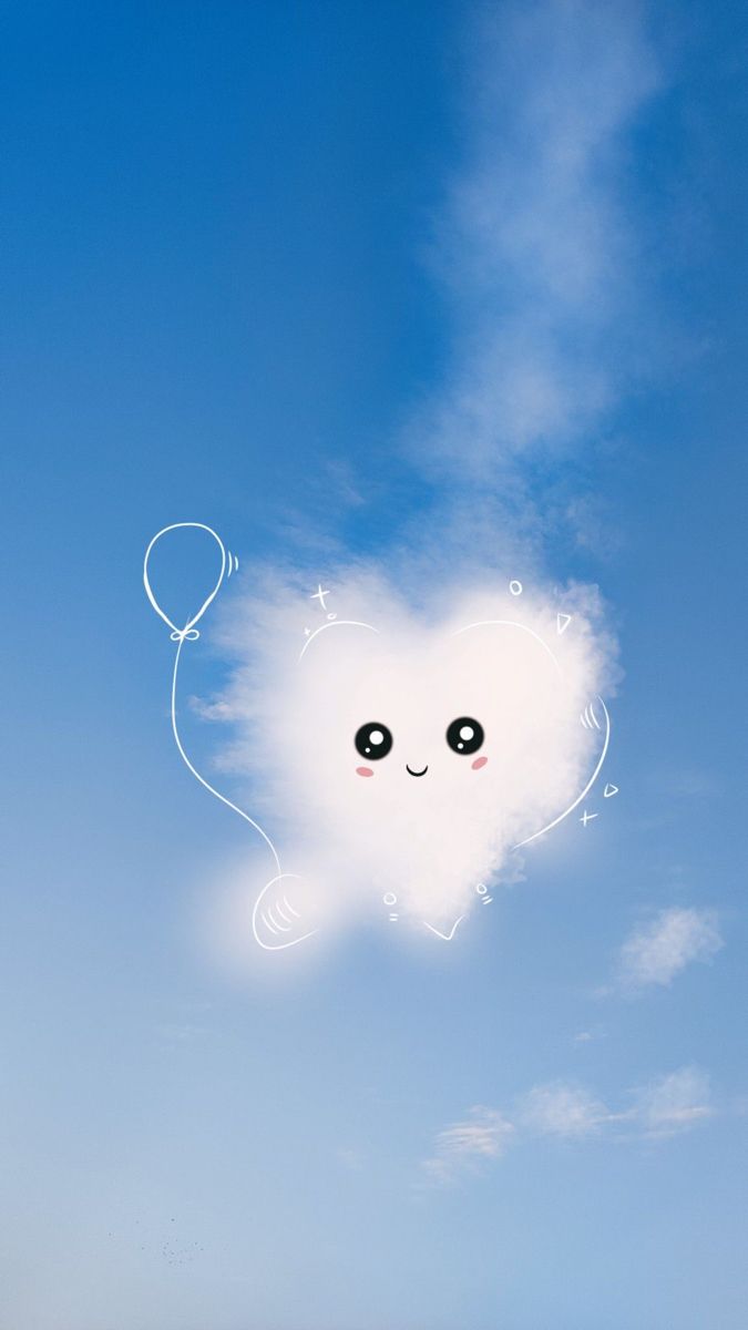 A small heart-shaped cloud with a smiling face floating in a blue sky.