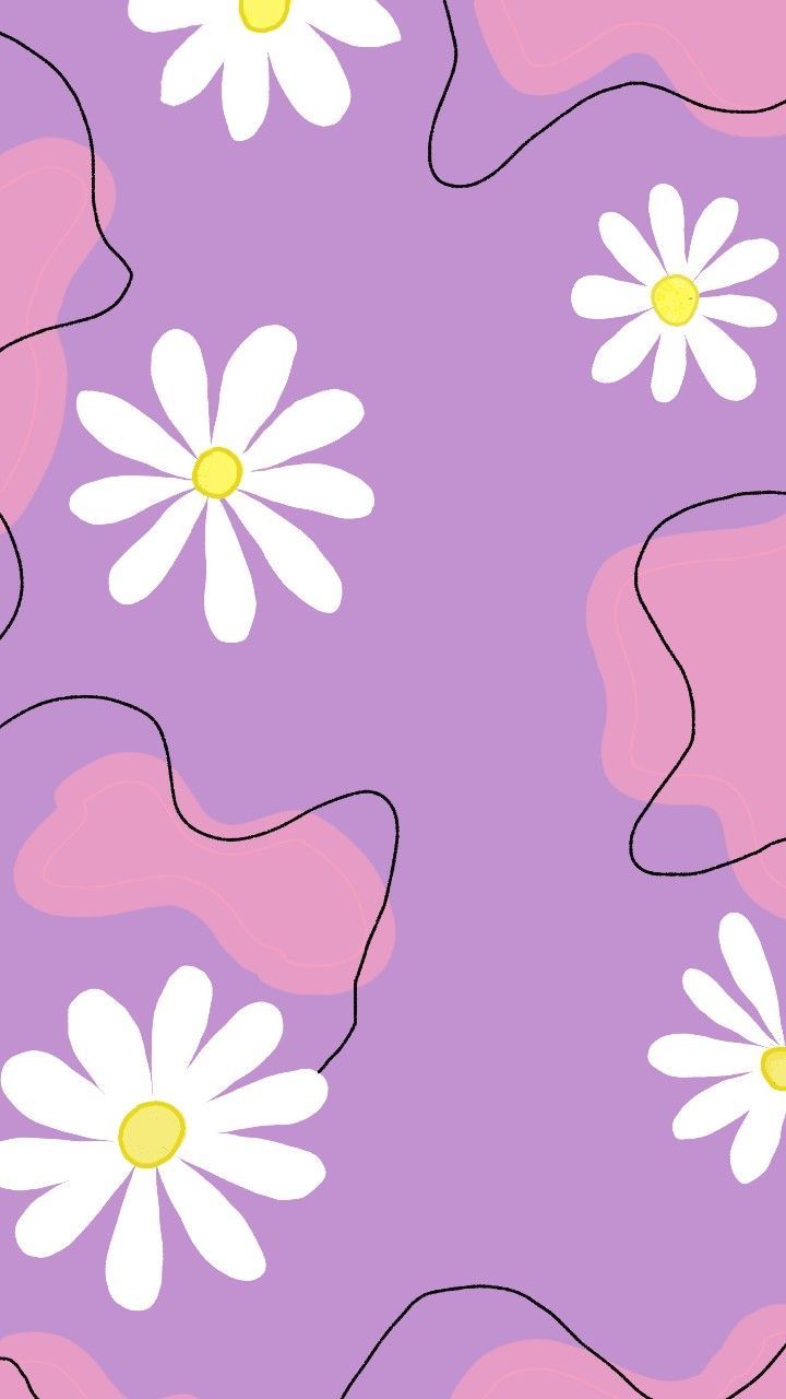 White daisies and wavy lines on a pink and lilac background.