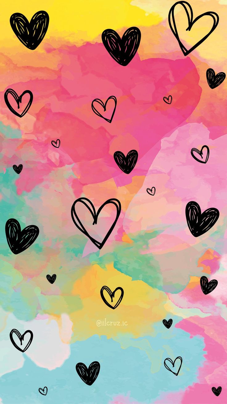 Black doodled hearts scattered over bright pink, yellow and blue watercolour.
