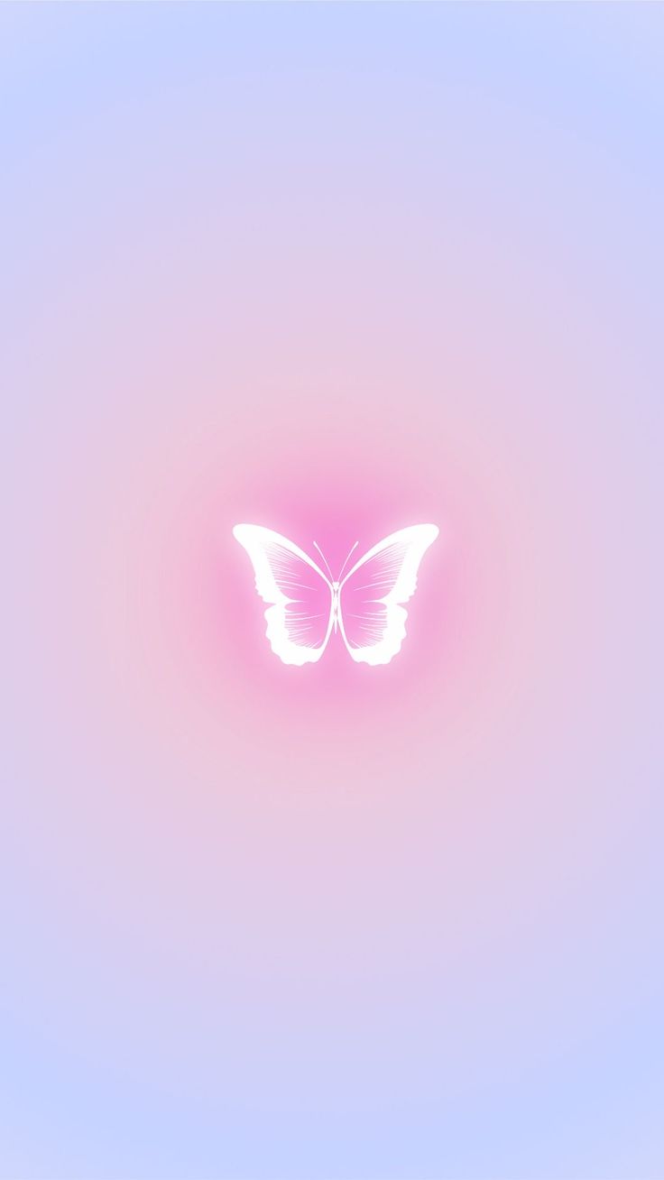 A glowing white neon butterfly on a soft lilac-to-pink gradient.