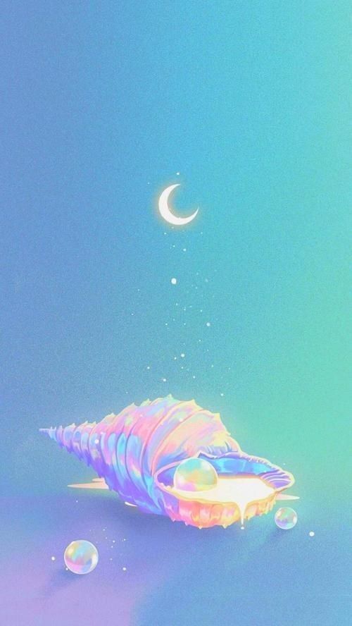 A shimmering conch shell and small pearls beneath a crescent moon on a teal-to-lilac background.