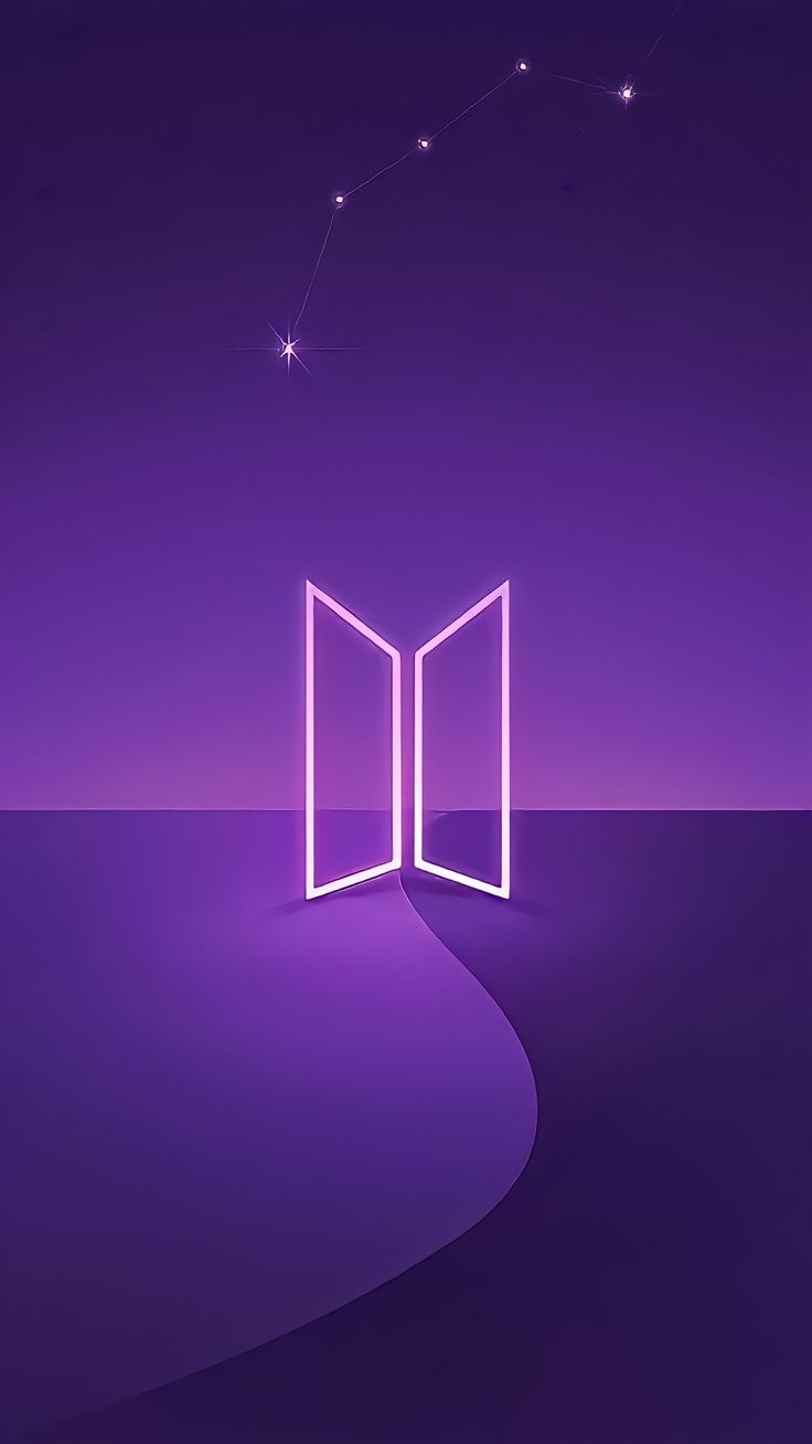 The BTS logo glowing in pink neon over a purple horizon with a few stars.