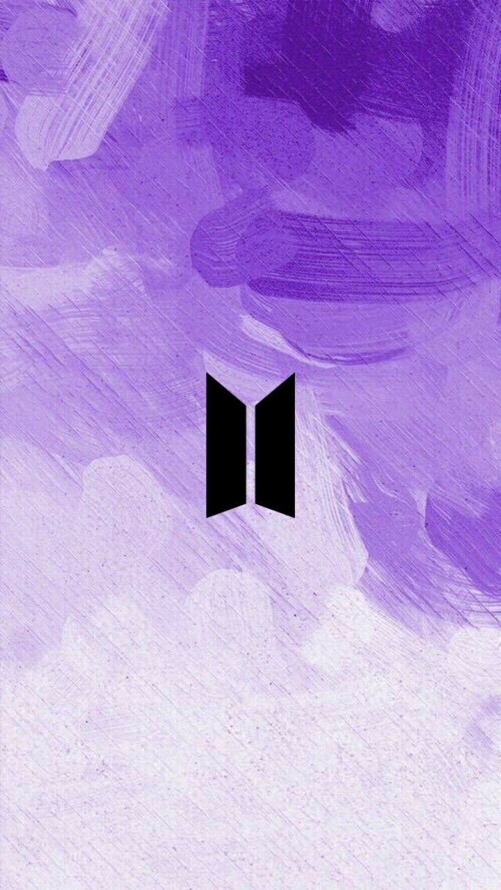 The BTS logo in black over lilac and white brush strokes.