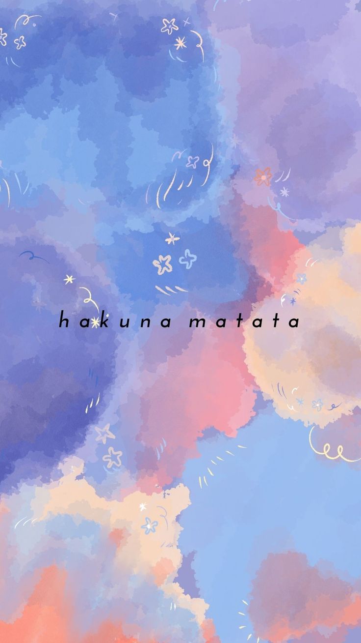 "Hakuna matata" in small dark type over blue, pink and orange watercolour clouds.