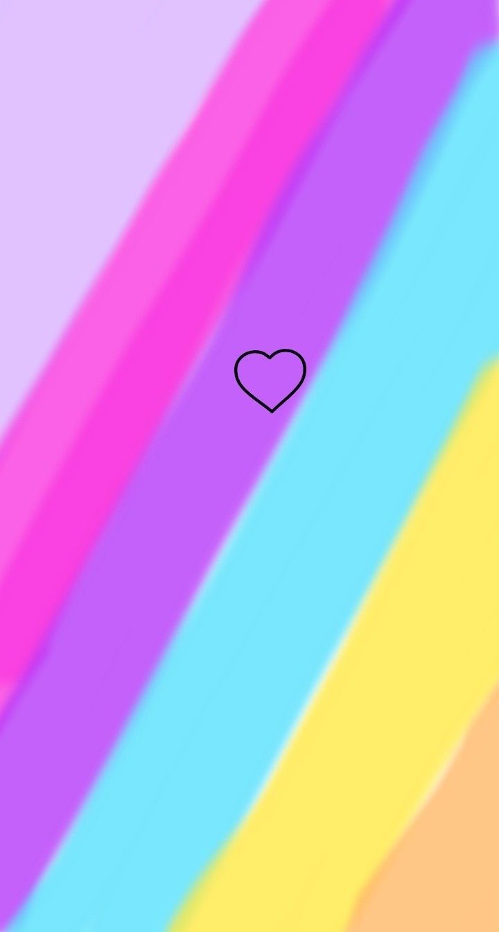 Bold diagonal stripes of pink, purple, sky blue and yellow with a small outlined heart near the top.
