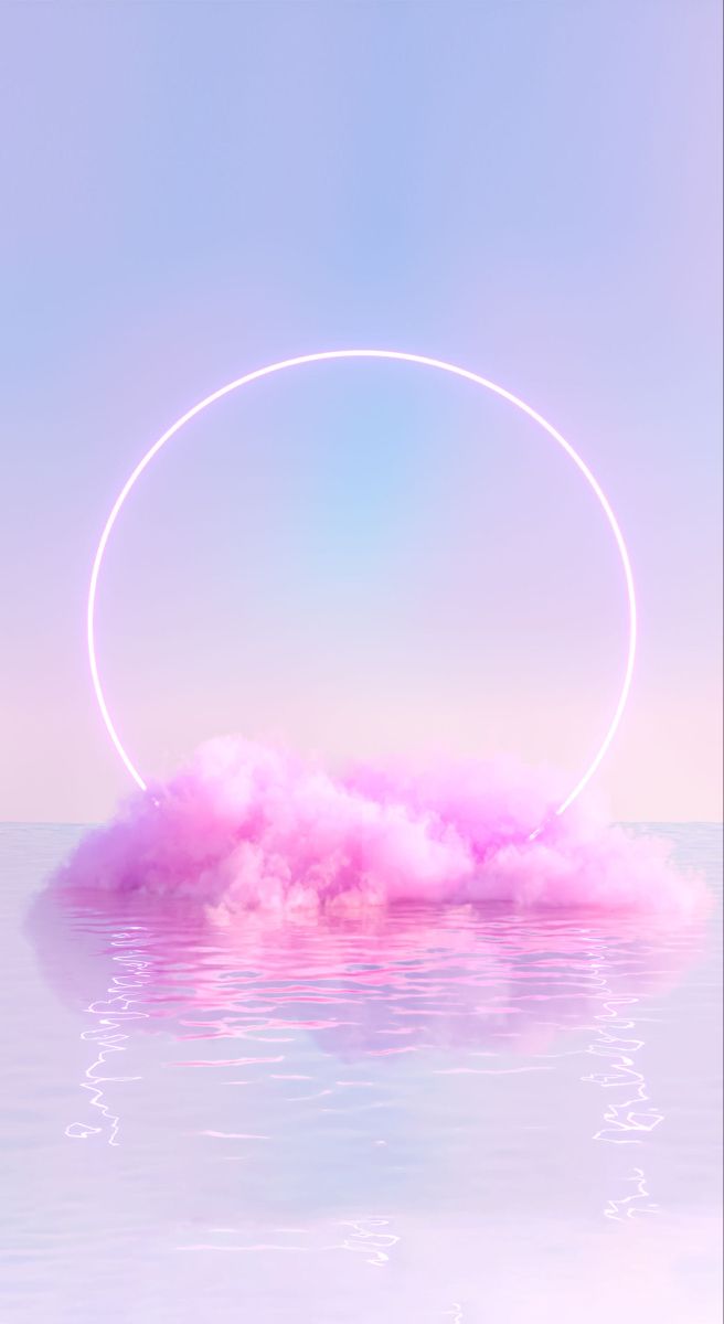 A pink cloud floating over still water inside a thin glowing ring on lilac.