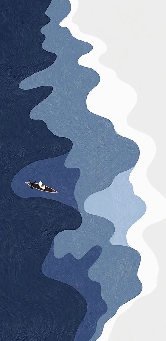 Layered navy and blue shapes like a paper-cut coastline, with a tiny boat.