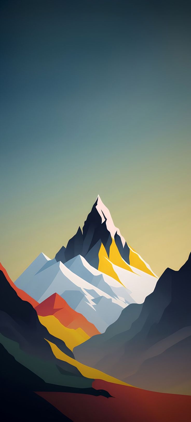 A stylised snowy mountain peak with orange and red slopes against a teal sky.