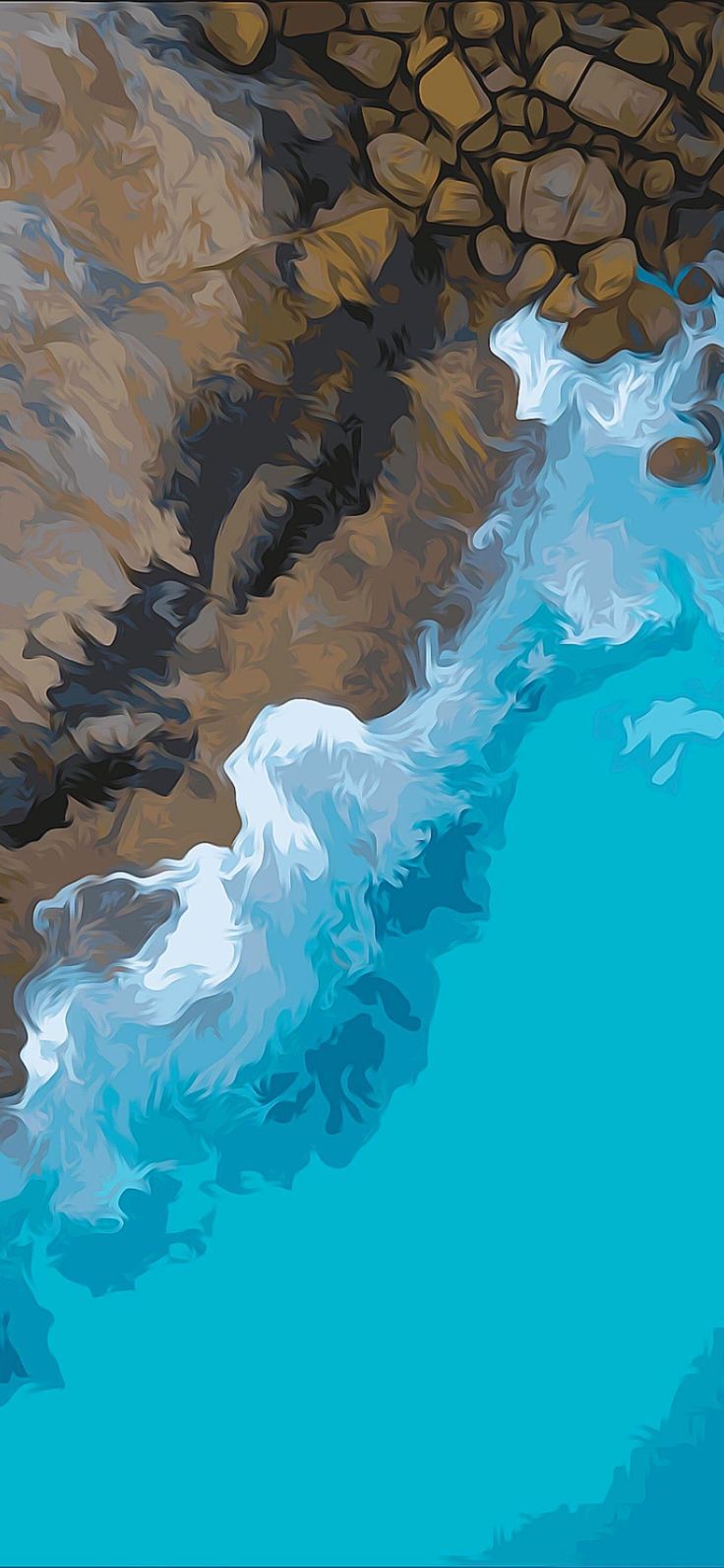 An aerial view of white surf breaking on a rocky coastline beside turquoise water.