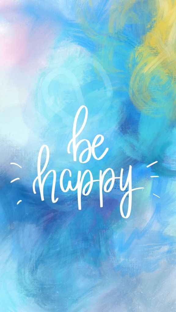 "Be happy" in white script on blue and yellow watercolour.
