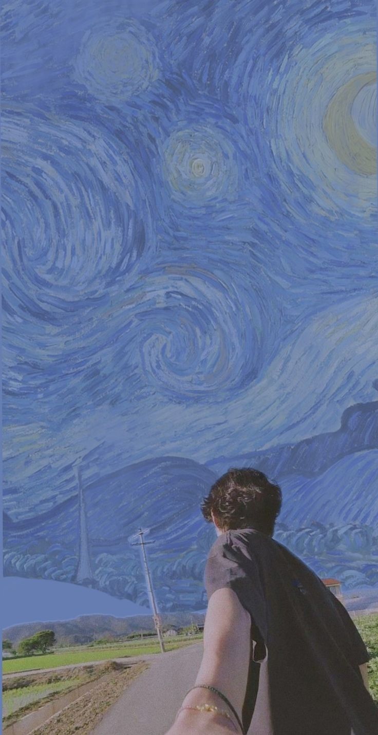 A person reaching back toward the camera on a path beneath a Van Gogh-style starry sky.