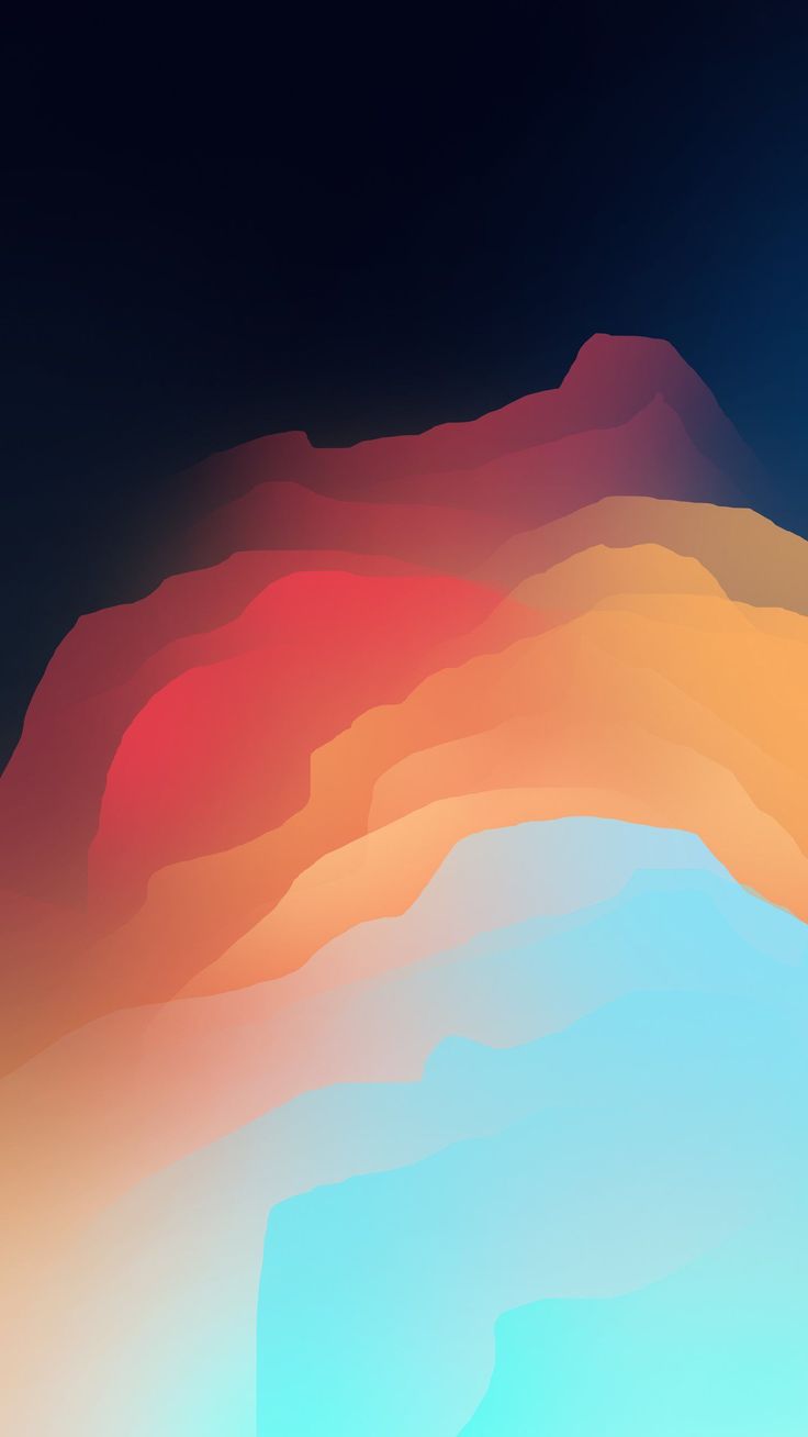 Layered orange, red and cyan wave shapes against a dark navy sky.