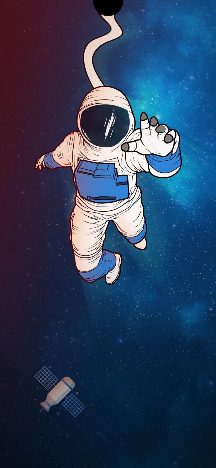 An astronaut floating in blue space on a tether, with a satellite nearby.